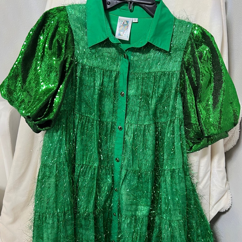 Queen of Sparkles green tinsel dress